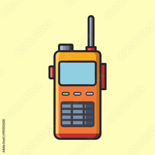 Cartoon style walkie talkie radio with buttons and display screen