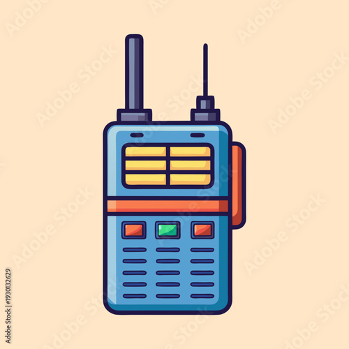 Cartoon blue walkie talkie with antenna and orange accents on a tan background