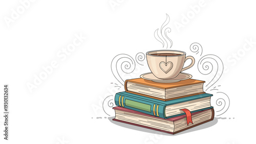 Cozy reading concept featuring a warm cup of coffee with a heart tag resting on a stack of three hardback books.