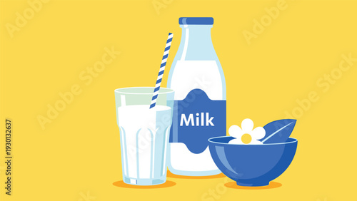 Fresh milk concept featuring a glass, a bottle with a blue label, and a bowl with a flower on a yellow background.