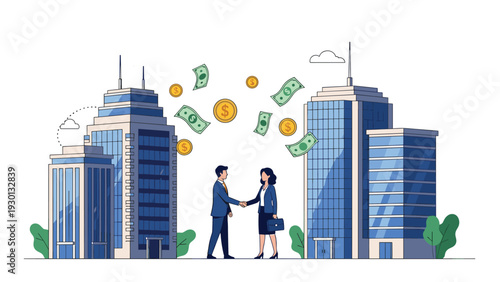 Two professional business partners shaking hands in a city with money and coins flying between corporate skyscrapers.
