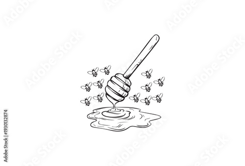 Honey Dipper Surrounded by Bees: Artistic rendition of a honey dipper dripping honey, encircled by a swarm of industrious bees. 