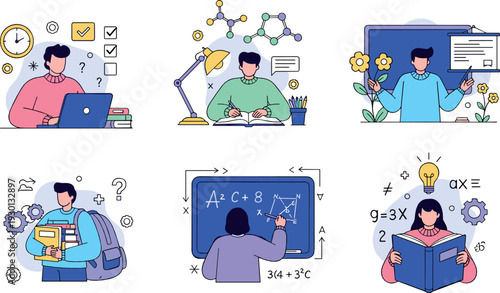 Online learning and education vector illustration set with students studying, science, math and digital classroom concepts
