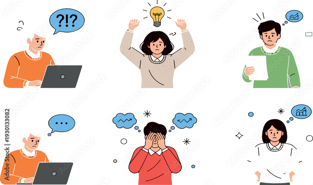 Φωτογραφία People expressing emotions and problem solving vector illustration set with stre