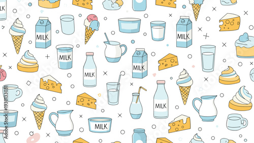 Comprehensive hand-drawn pattern featuring various dairy items like milk cartons, cheese slices, ice cream cones, and yogurt.