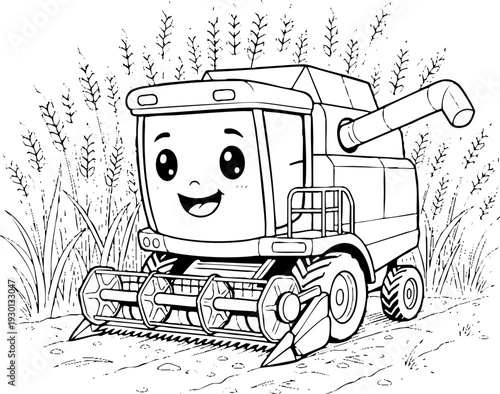 Happy Combine Harvester Cartoon Working in Agricultural Field