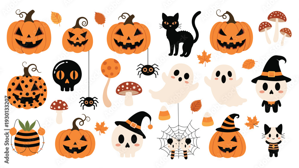 Obraz premium Extensive halloween clip art collection featuring carved pumpkins, ghosts, black cats, spiders, and witch hats for decorations.