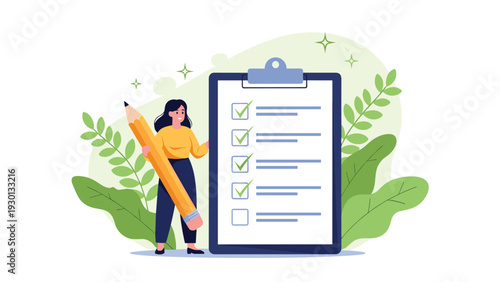 Business woman holding a large pencil and checking off tasks on a giant checklist surrounded by lush green decorative leaves.