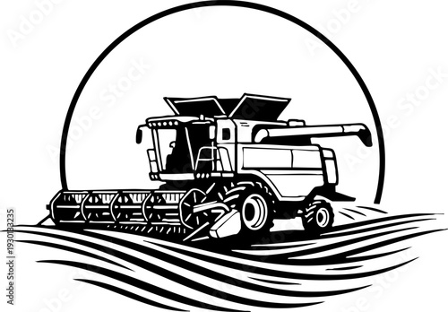 Modern Combine Harvester Working on Farm Field Illustration