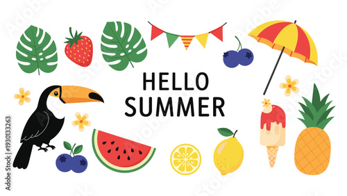 Vibrant hello summer illustration featuring tropical fruits, a toucan, beach umbrella, and colorful bunting for celebrations.