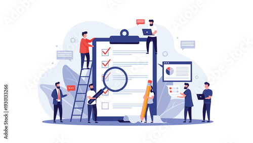 Collaborative business team working around a giant checklist with a magnifying glass, pencil, and laptops to ensure completion.