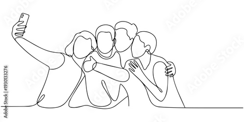 continuous one line drawing Vector illustration of four people taking a selfie