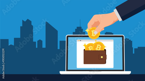 Hand placing a gold bitcoin coin into a digital wallet on a laptop screen with a modern city skyline background signifying trends.