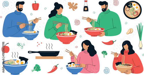 People eating ramen and noodle bowls set – Asian cuisine dining illustration