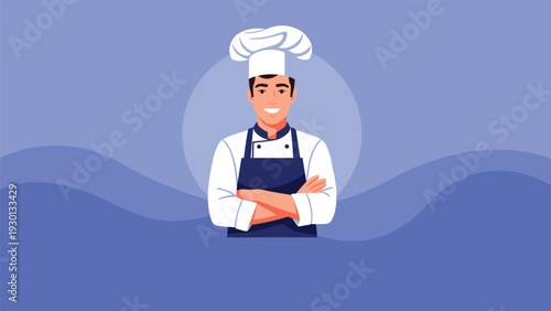 Confident male chef character wearing a traditional white uniform and tall hat with arms crossed against a wavy blue backdrop.