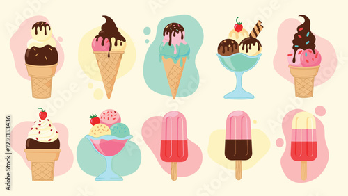 Delicious collection of various ice cream treats including cones, sundaes, and popsicles in multiple flavors and colorful toppings.