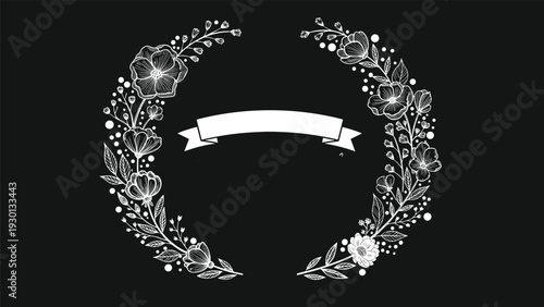 Delicate white hand-drawn floral wreath with a central banner set against a solid black chalkboard background for elegant designs.