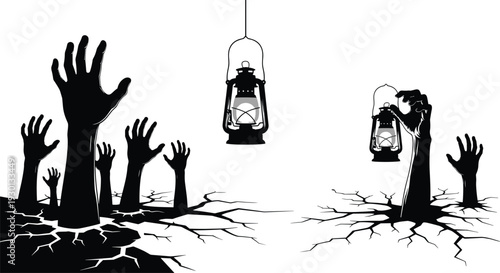 Black Silhouette Vector Illustration of Zombie Hands Rising from Cracked Ground with Lanterns for Halloween Horror Mystery and Spooky Designs