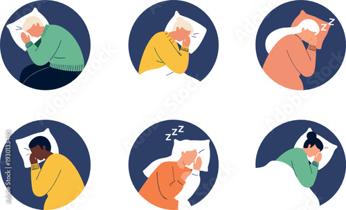 People sleeping in different positions vector illustration set with cozy night rest and healthy sleep concept
