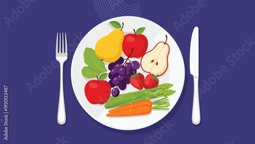 Healthy meal presentation on a white plate containing fresh fruits like pears, apples, grapes, and vegetables including carrots and asparagus.