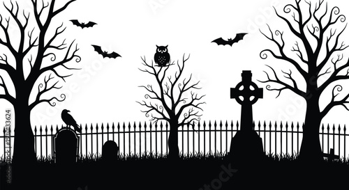 Black and white stylized silhouette illustration of spooky graveyard with twisted trees, wrought iron fence, gravestones, crow, owl, and bats, perfect for Halloween and horror design purposes