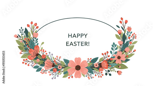 Elegant floral wreath for Easter celebrations featuring delicate pink flowers and green foliage surrounding a festive Happy Easter greeting.