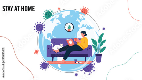 Concept illustration of a woman staying safely at home during a pandemic, reading a book inside a protective bubble while the virus is outside.