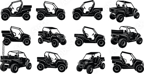 Black and white stylized silhouette illustration set of twelve off-road utility vehicles (UTVs) with varied designs, roll cages, and cargo areas, perfect for transport and recreation purposes