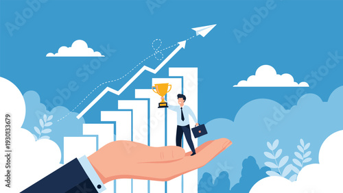 Ambitious businessman holding a gold trophy while standing on a giant supporting hand with a rising growth chart and paper plane in the sky.