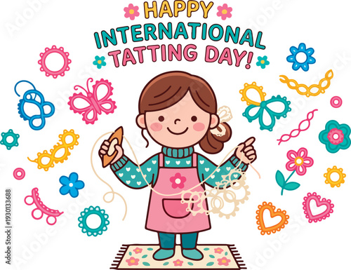 Happy International Tatting Day greeting with cartoon girl and lace designs