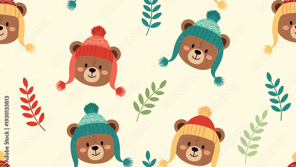 Fototapeta premium Charming seamless pattern featuring adorable bear faces wearing colorful winter knit beanies and beanies with pom-poms on a light background.