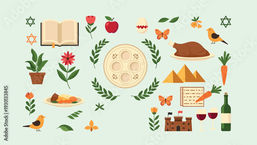 Comprehensive collection of Passover symbols including a Seder plate, Matzah, wine, pyramids, and traditional Jewish holiday elements.