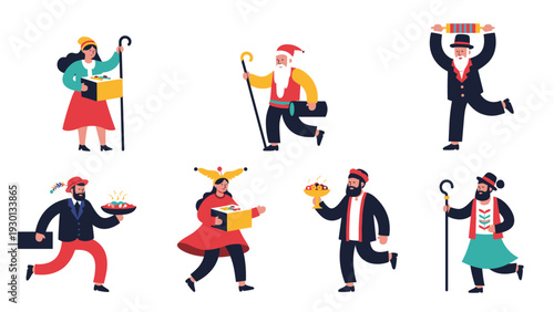 Traditional Purim holiday characters in colorful costumes holding gifts and festive food for the Jewish celebration of Purim festivities.