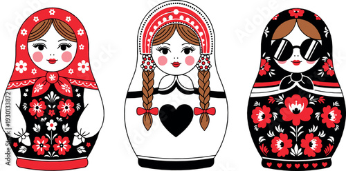 Russian matryoshka dolls vector illustration set with floral folk patterns and traditional nesting doll characters
