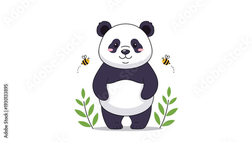 Cute cartoon panda bear standing amongst green bamboo-like leaves with two little bumblebees flying nearby on a clean white background.