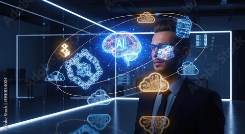 A businessman's hand touches a digital screen, connecting a global network of innovative internet and computer technologies to a world of social media and future communication