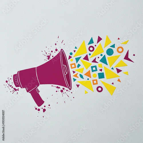 Stylized magenta megaphone broadcasting a vibrant explosion of colorful geometric shapes and paint splatters.