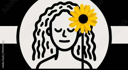 Flat modern icon featuring a girl, blue curly hair, and a yellow flower