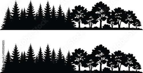 Black and white stylized silhouette illustration set of coniferous and deciduous trees arranged in rows, perfect for forest, botanical, educational, and design purposes