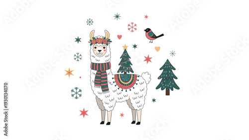 Festive llama wearing a scarf and flower crown is surrounded by snowflakes, a small pine tree, a bird, and stars for Christmas cheer.
