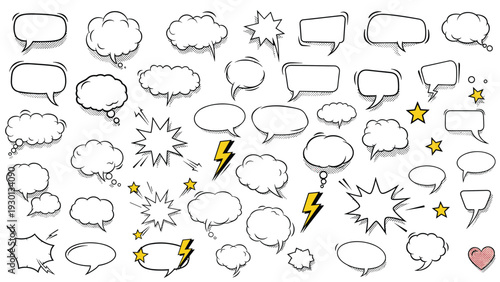 Large collection of hand drawn comic style speech bubbles, lightning bolts, and stars is presented in a classic black and white sketchy look.