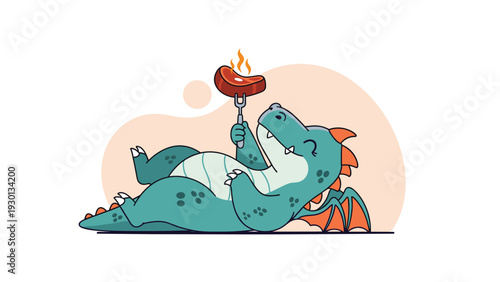 Cute teal dragon lies on its back and happily eats a piece of grilled steak held on a fork in a whimsical character illustration.