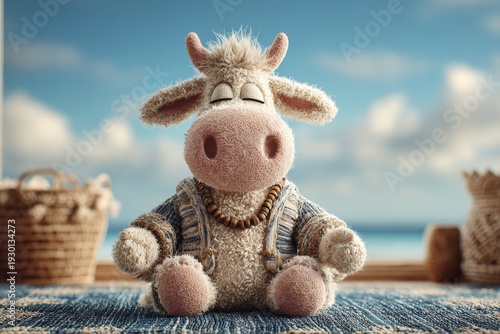 The cow sculpture, in a meditative pose, rests peacefully in a room with lively plants and a blue background during the day