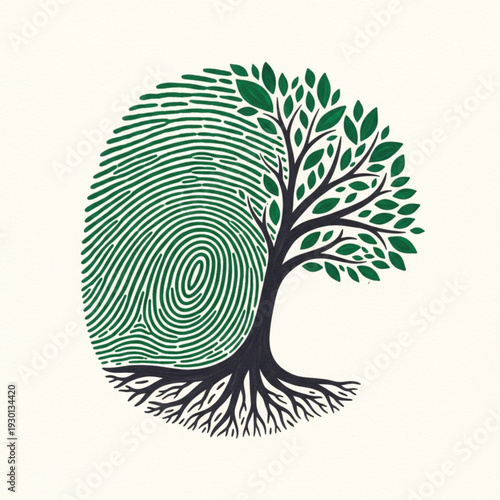 A stylized green fingerprint seamlessly transforms into a leafy tree with roots, representing ecological identity and growth.