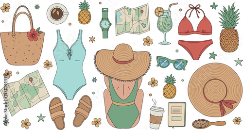 Summer beach vacation vector set with swimsuit, hat, pineapple, map and tropical travel essentials illustration