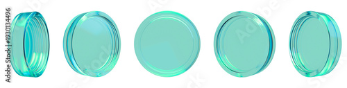Transparent cyan glass coin set with iridescent highlights, isolated on white, 3D render. 