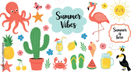 Summer vibes vector illustration set with flamingo, cactus, pineapple, crab and tropical beach elements