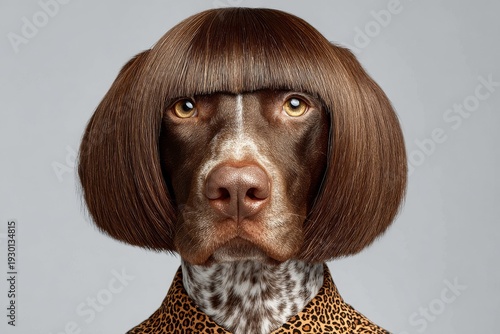 Dog portrait featuring a straight bob haircut set on a white backdrop