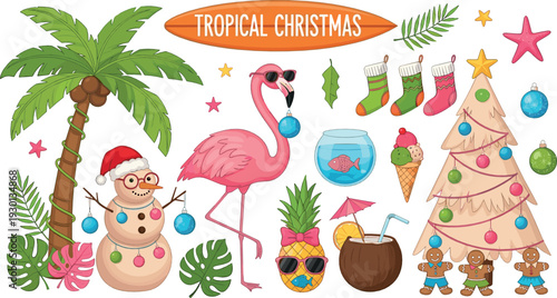 Tropical Christmas vector illustration set with flamingo, palm tree, snowman and festive beach holiday elements