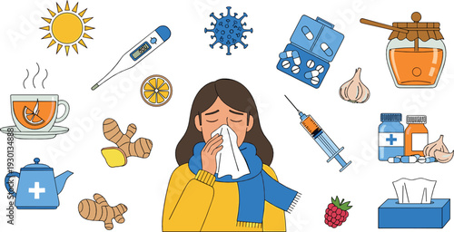 Woman with cold and flu symptoms vector illustration set with medicine, thermometer, tea, ginger and healthcare elements
